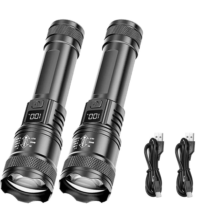 Rechargeable LED flashlight with zoom, LCD display, 3 lighting modes, waterproof