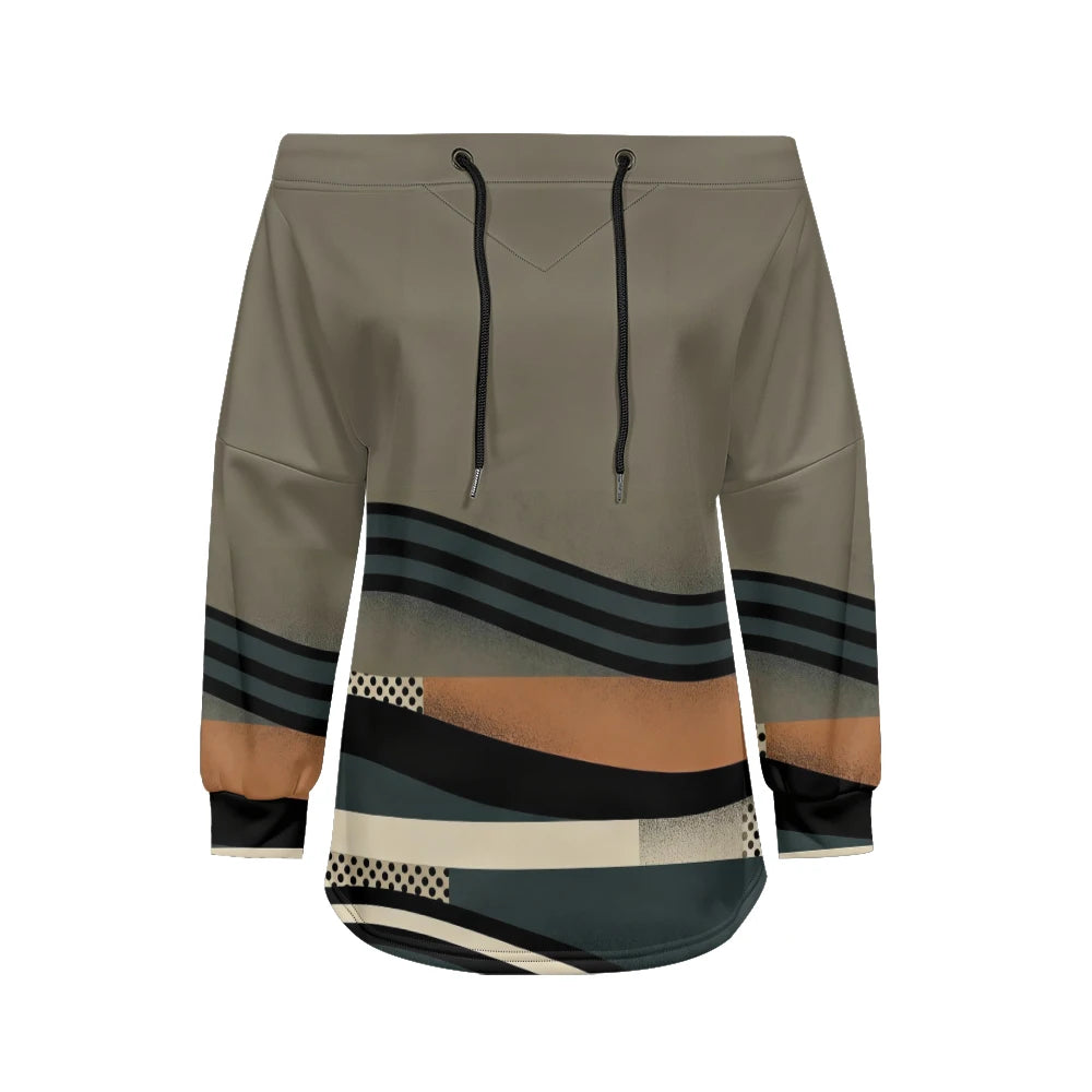 Modern women's blouse with off-the-shoulder design, printed and adjustable.