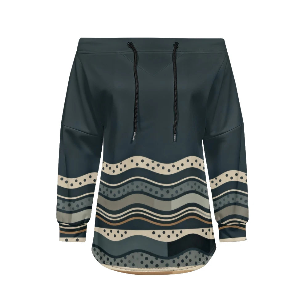 Modern women's blouse with off-the-shoulder design, printed and adjustable.