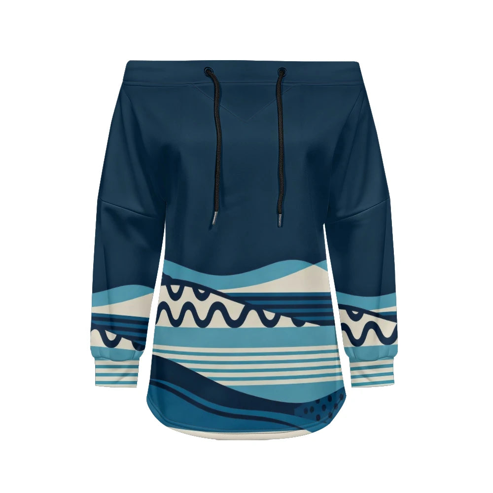 Modern women's blouse with off-the-shoulder design, printed and adjustable.