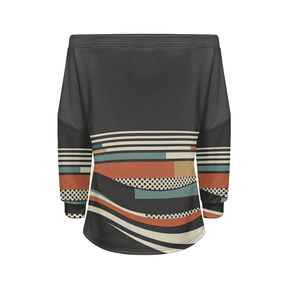 Modern women's blouse with off-the-shoulder design, printed and adjustable.