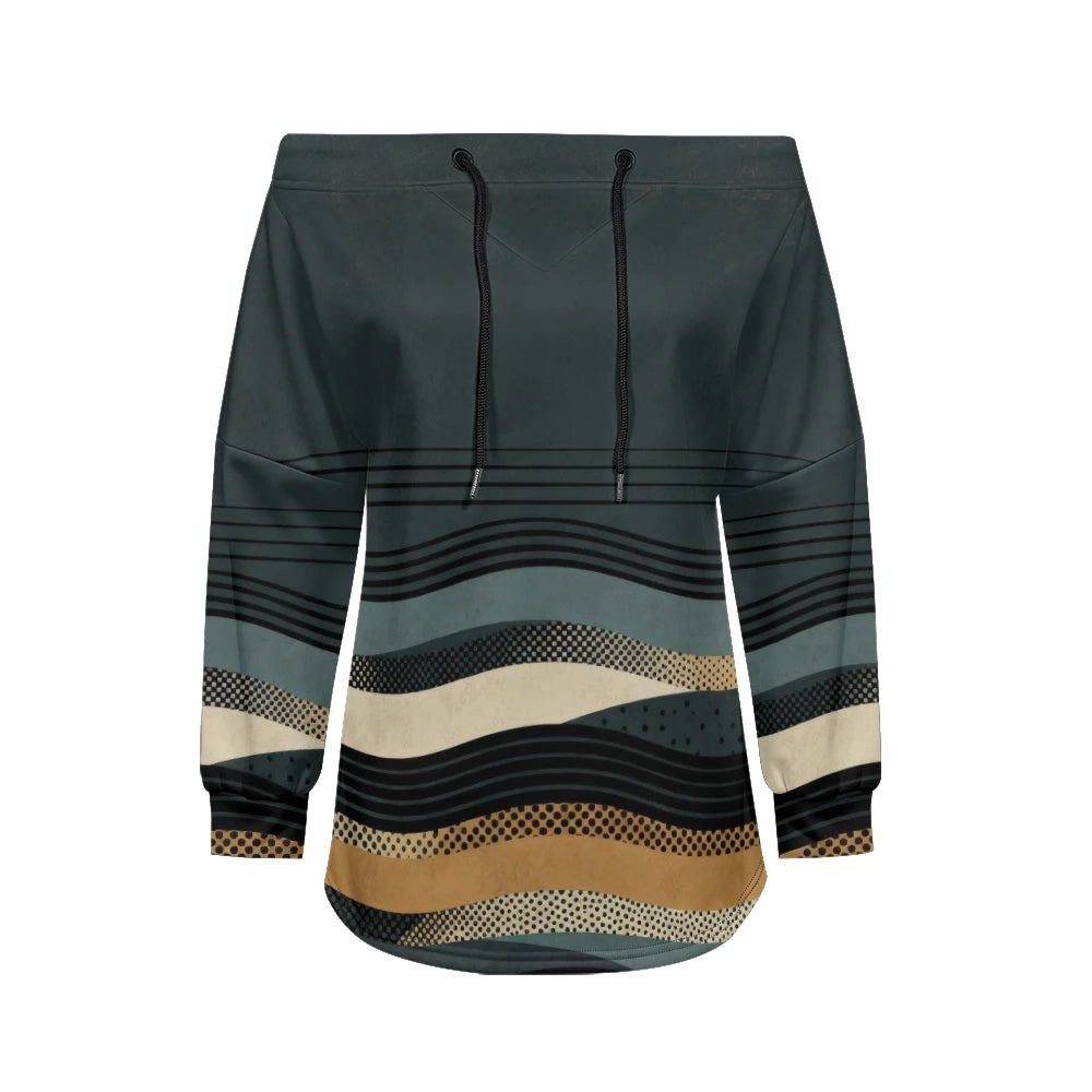 Modern women's blouse with off-the-shoulder design, printed and adjustable.