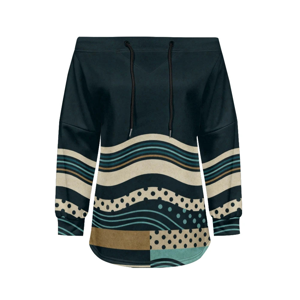 Modern women's blouse with off-the-shoulder design, printed and adjustable.