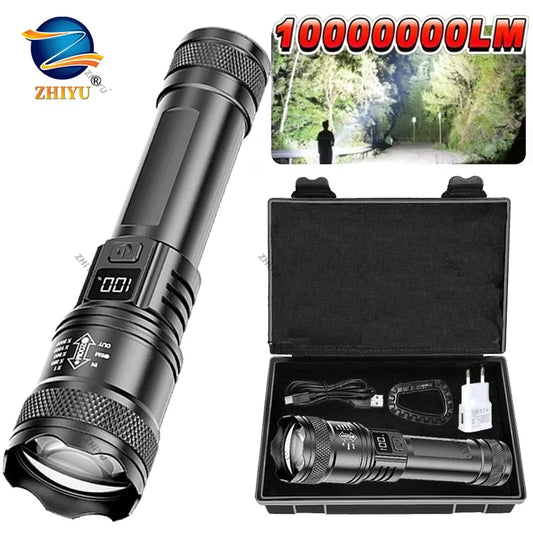 Rechargeable LED flashlight with zoom, LCD display, 3 lighting modes, waterproof