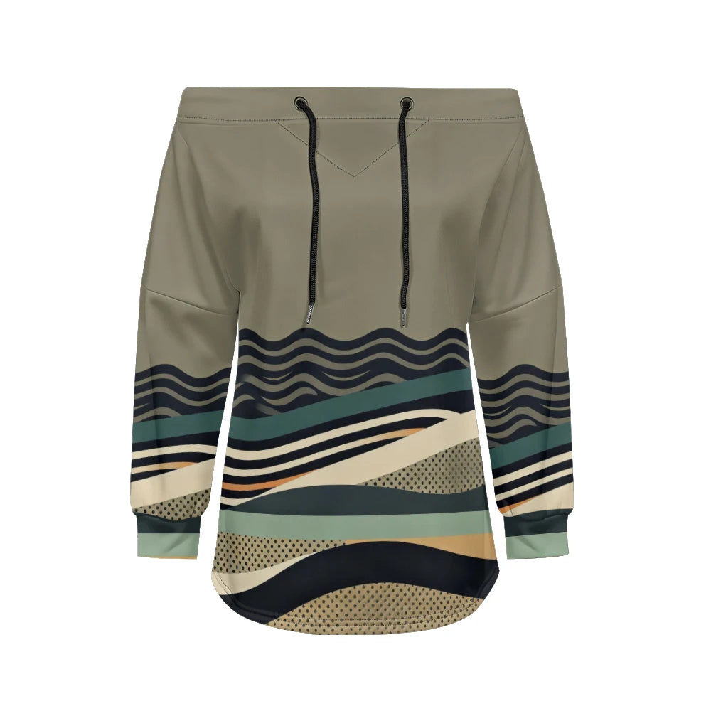 Modern women's blouse with off-the-shoulder design, printed and adjustable.