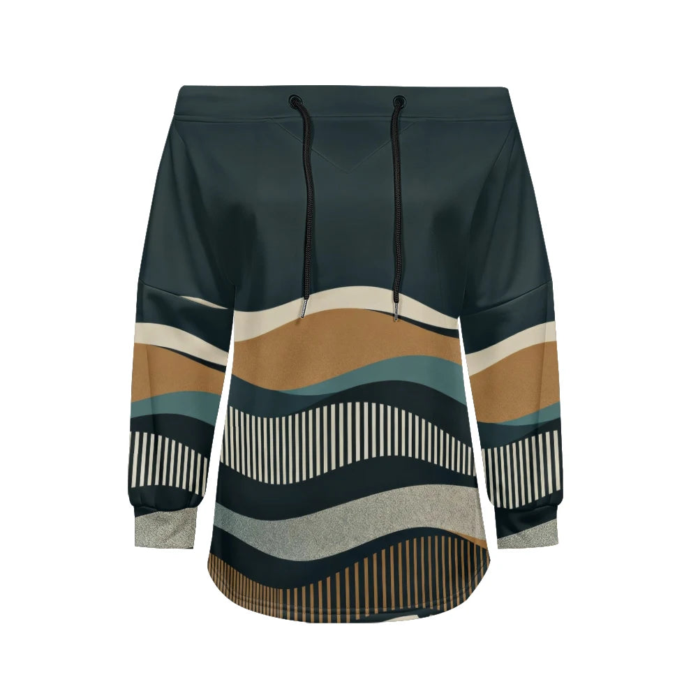 Modern women's blouse with off-the-shoulder design, printed and adjustable.