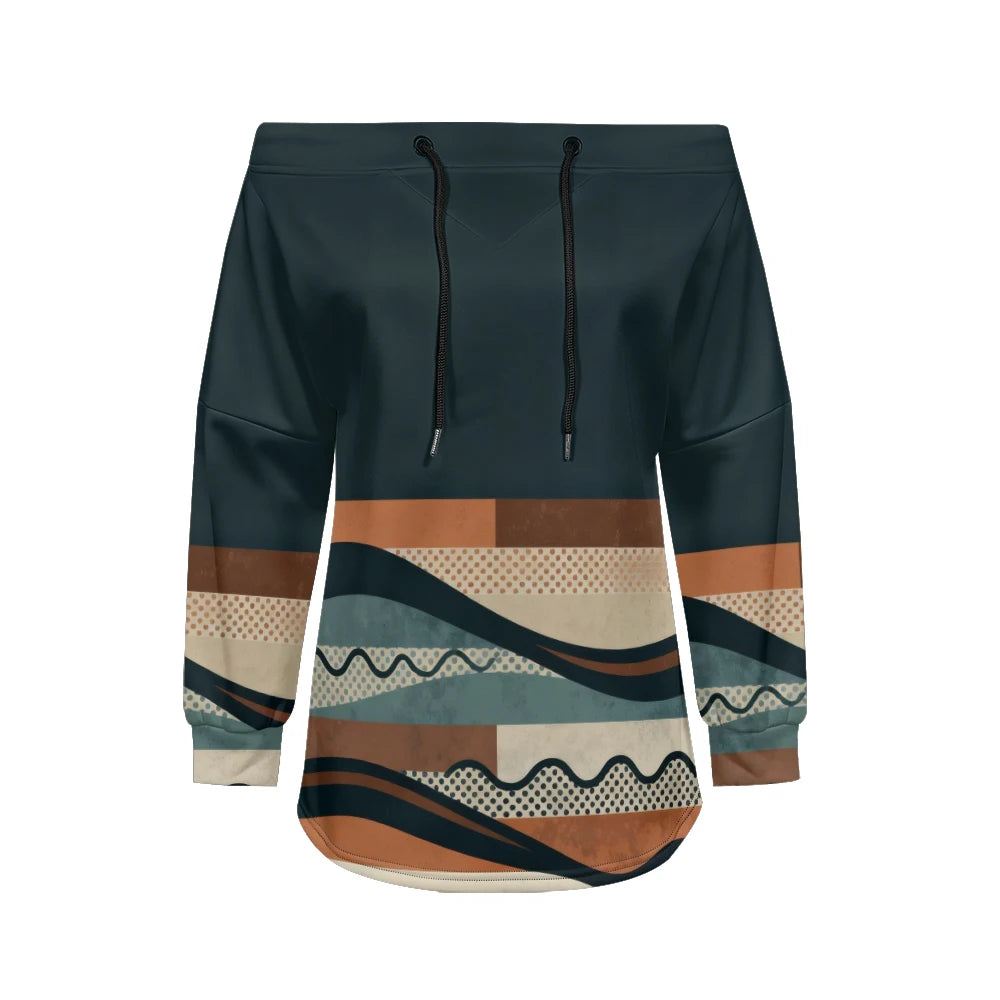 Modern women's blouse with off-the-shoulder design, printed and adjustable.